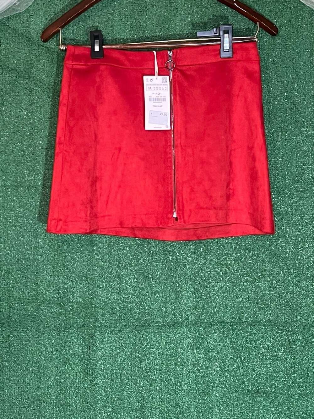Zara Trafaluc Red Faux Suede Zip-Up Mini Skirt Size M